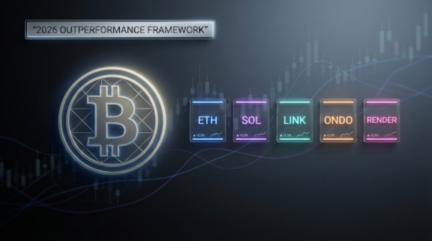 Featured image showing Bitcoin with five highlighted crypto asset icons representing a risk-first 2026 outperformance framework