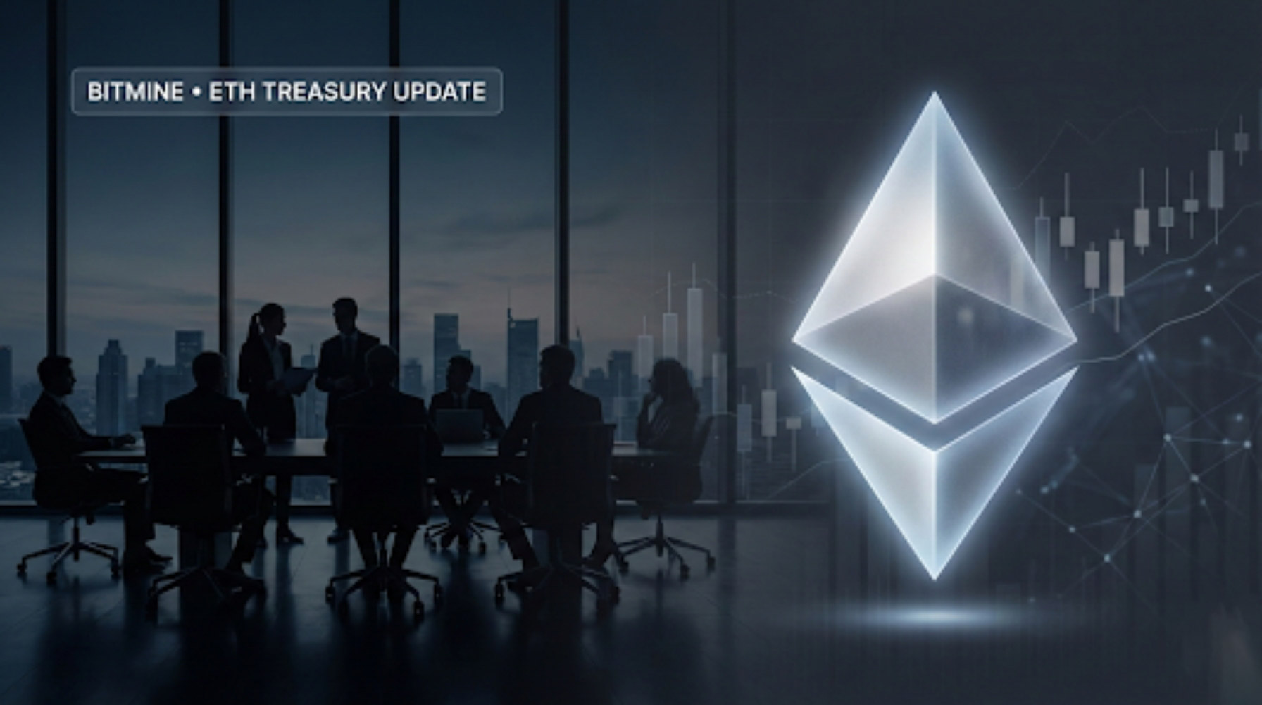 BitMine leadership change and Ethereum treasury expansion news, illustrated with a clean newsroom-style ETH chart and corporate board theme.