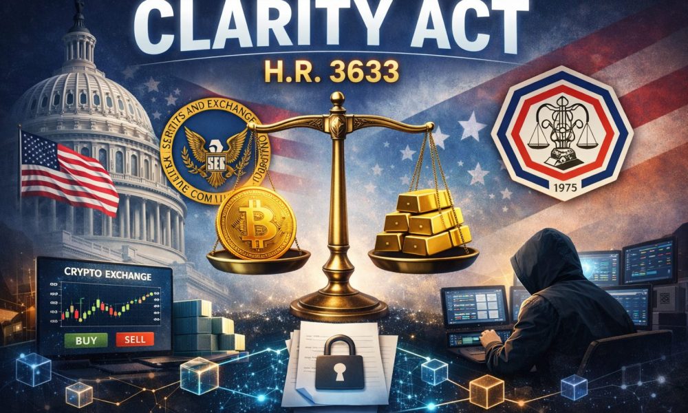 A gavel on a digital circuit board representing the CLARITY Act Senate markup in 2026