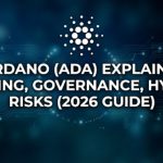 Cardano (ADA) logo with blockchain network nodes representing staking and governance