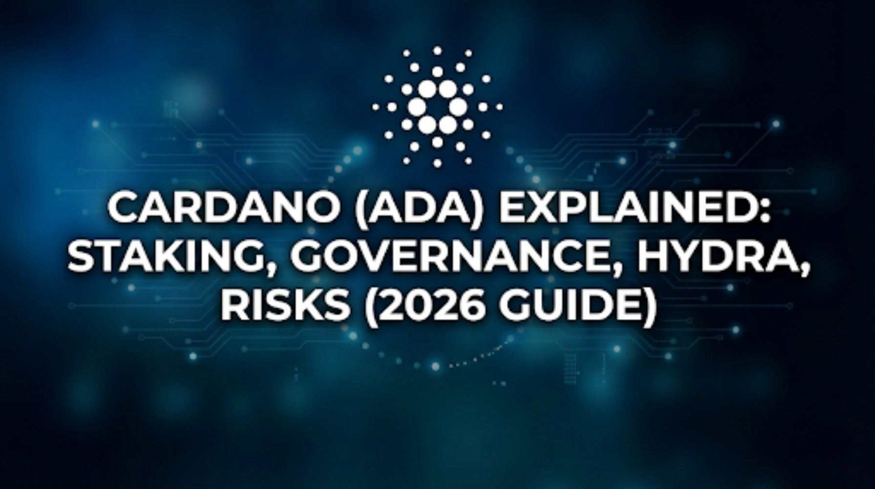 Cardano (ADA) logo with blockchain network nodes representing staking and governance