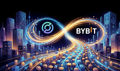 Circle USDC and Bybit partnership announcement graphic with digital liquidity streams