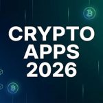 A smartphone showing multiple crypto apps with a Bitcoin chart and a secure wallet icon