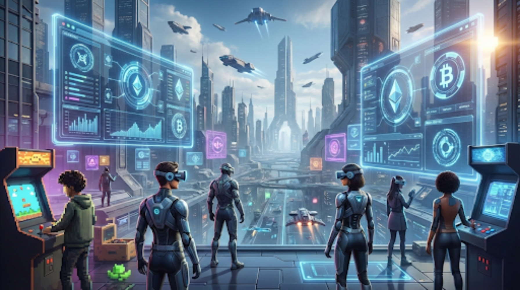 Futuristic Web3 gaming interface displaying digital asset ownership and crypto tokens like IMX and RON on a blockchain network.