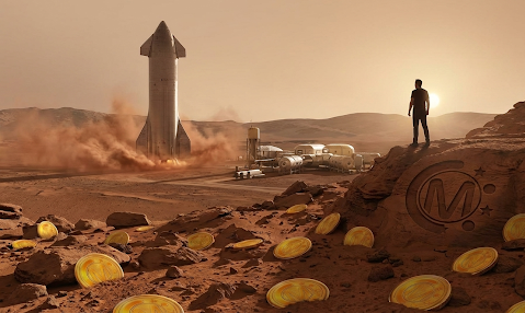 Marscoin crypto price prediction 2026 showing Mars planet background and SpaceX rocket narrative