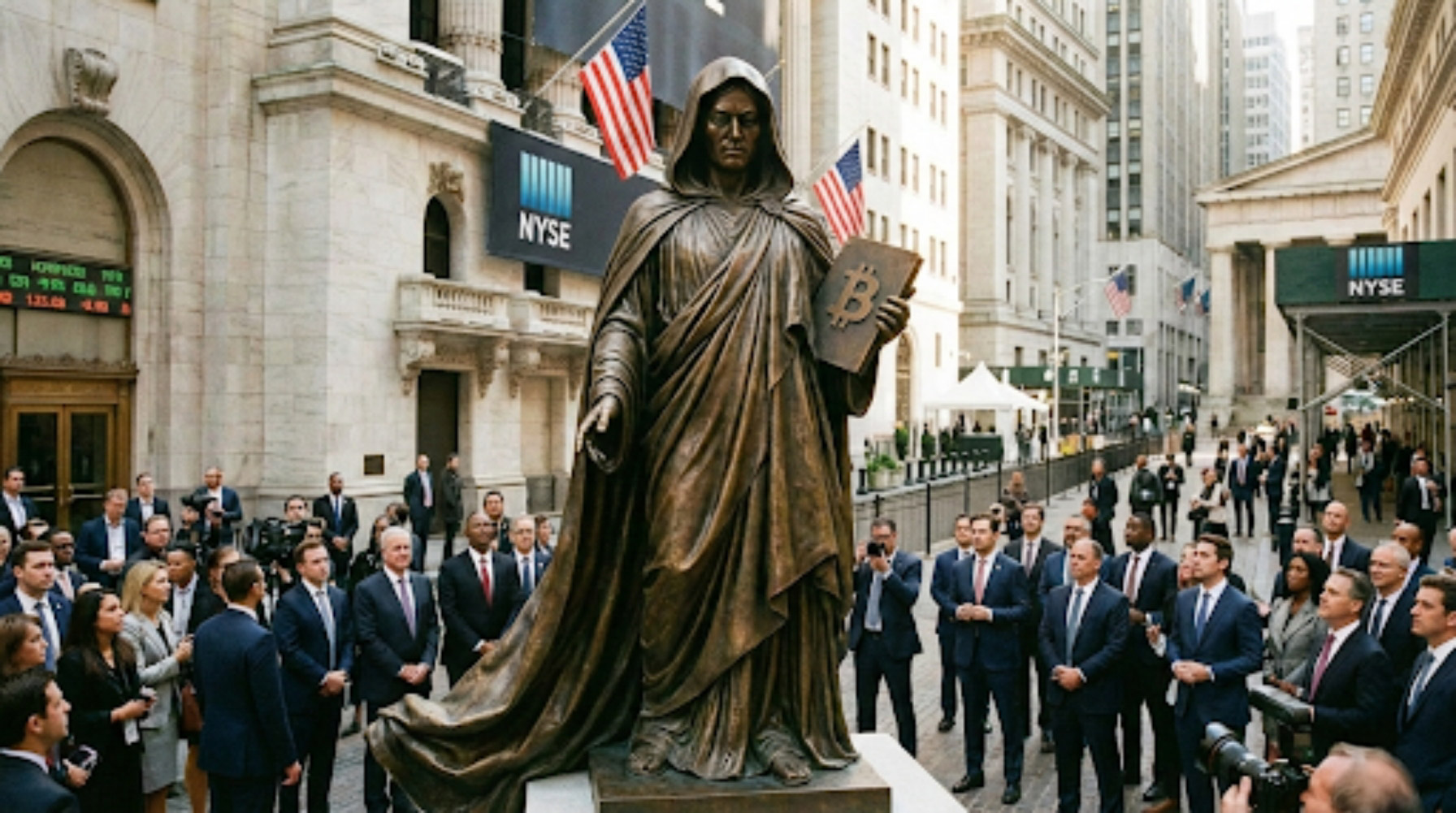 Satoshi on Wall Street: Bronze Statue of Bitcoin Creator Installed at NYSE as Institutional Era Begins Satoshi Nakamoto bronze statue at NYSE Wall Street Twenty One Capital installation