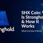 Stronghold SHX token concept on the Stellar network, showing merchant rewards, governance voting, and DeFi liquidity