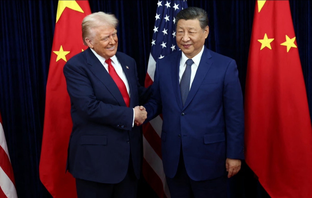Donald Trump and Xi Jinping phone call news graphic showing increased trade volume and stock market rally
