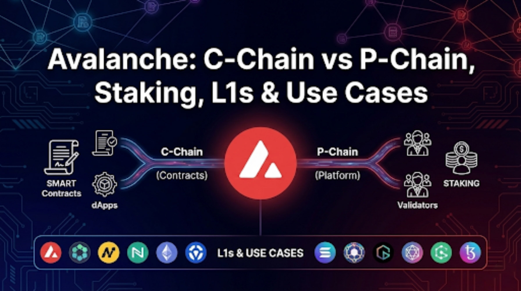 Avalanche (AVAX) network concept showing C-Chain, P-Chain and staking connections