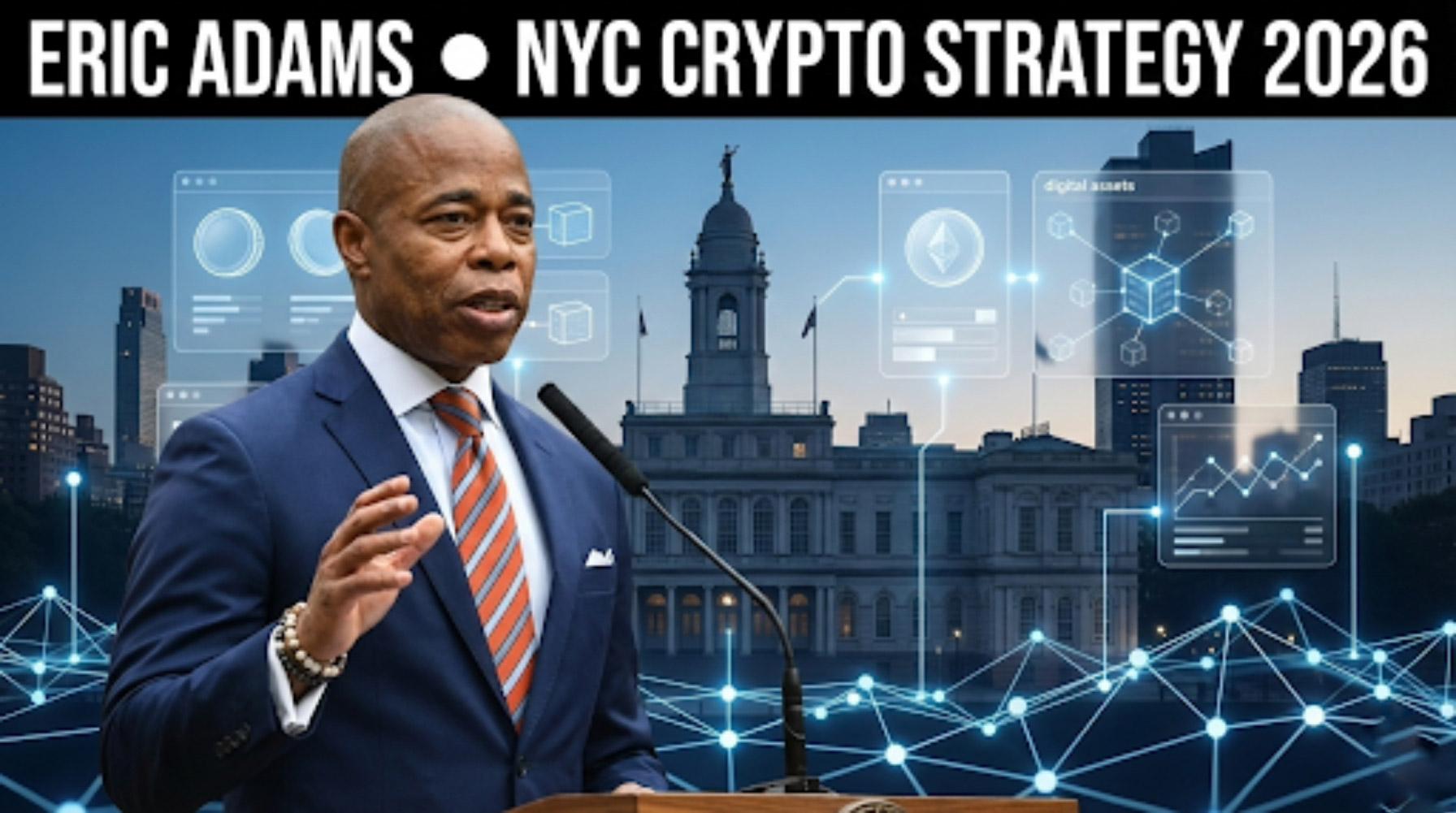 New York City skyline with subtle blockchain icons illustrating Eric Adams’ crypto and digital asset strategy