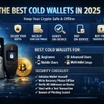 Futuristic 16:9 infographic showing the best cold wallets for 2025, featuring hardware crypto wallets, a Bitcoin coin, and a security checklist with tips like securing keys, backing up seed phrases, and verifying transactions on-device