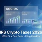 IRS crypto taxes 2026 guide showing Form 1099-DA, cost basis reporting, and a compliance checklist