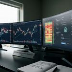 Autonomous AI agent trading setup with risk controls, API key security, and crypto chart monitoring in a modern workspace