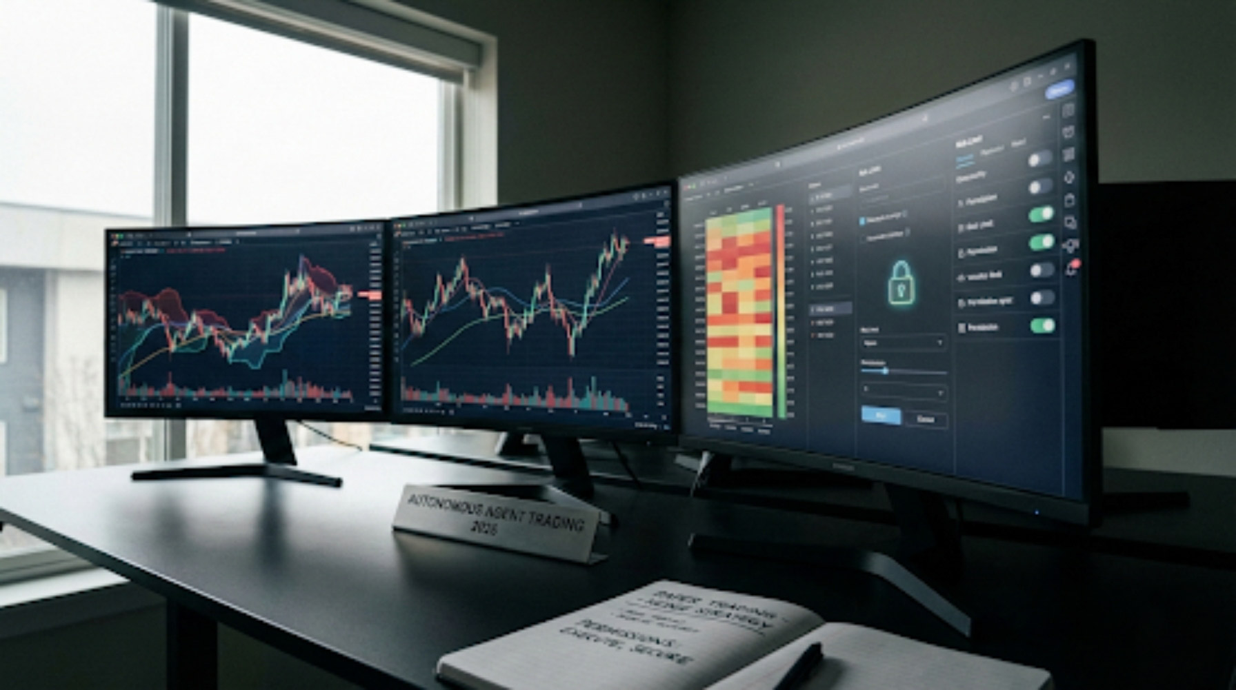Autonomous AI agent trading setup with risk controls, API key security, and crypto chart monitoring in a modern workspace