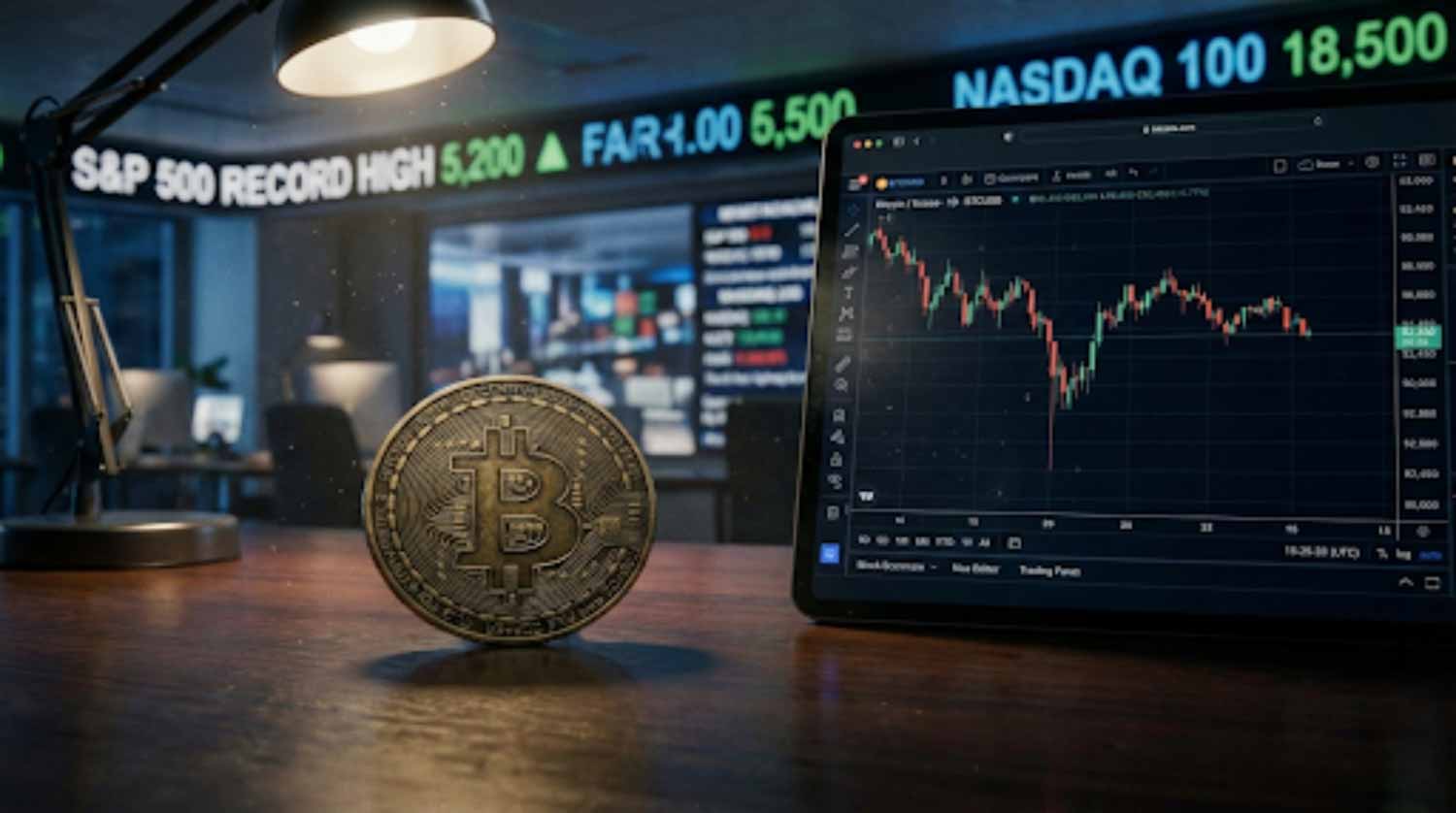 Bitcoin price chart moving sideways while stock market tickers suggest record highs