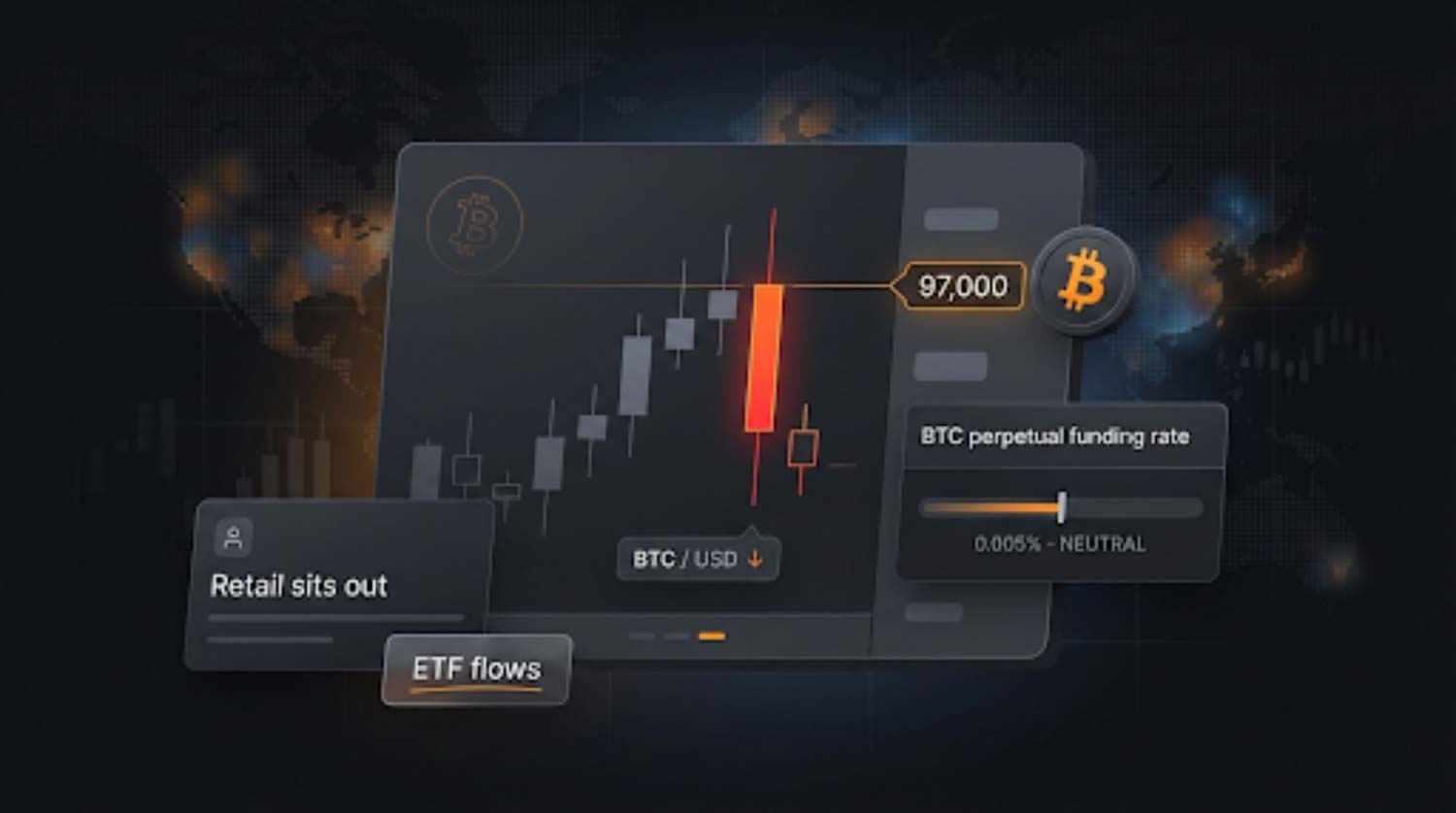 Bitcoin price chart rejecting near $97,000 with a low funding rate indicator and notes referencing retail inactivity and ETF flows.
