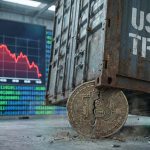 Bitcoin price drop visualized through trade war tensions and digital asset volatility in early 2026.