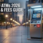 A modern crypto ATM kiosk screen showing Bitcoin purchase options with a security checklist overlay and warning icons about fees and scams.