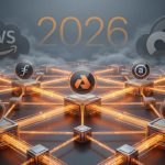 Decentralized cloud nodes forming a DePIN mesh, with legacy hyperscale data centers blurred in the background