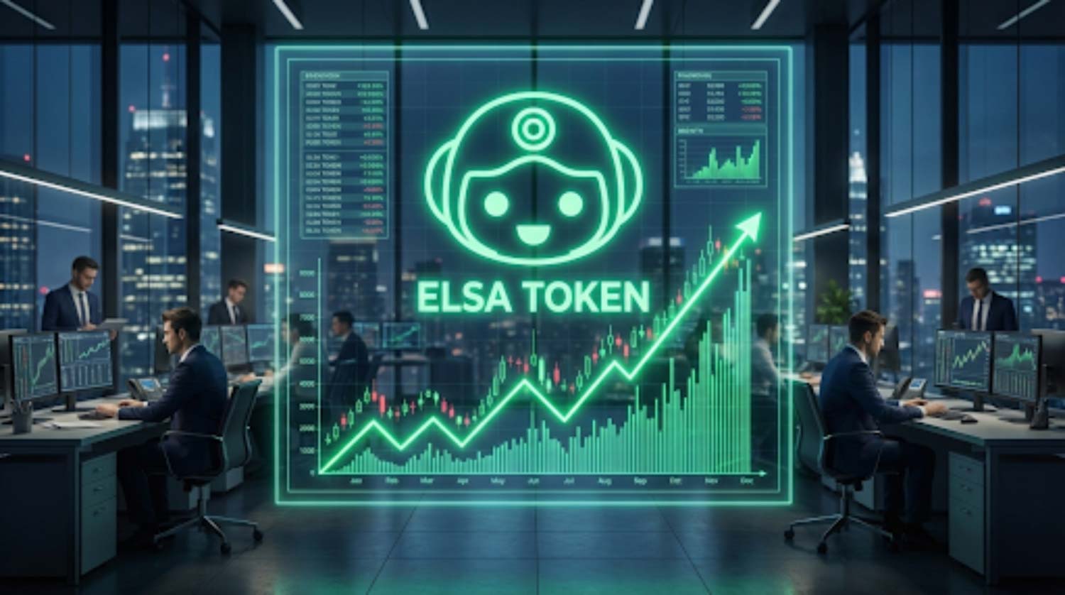 Why is Elsa price going up today ? Is this the beginning of a major project? Futuristic AI trading assistant screen showing a sharp ELSA token price increase.