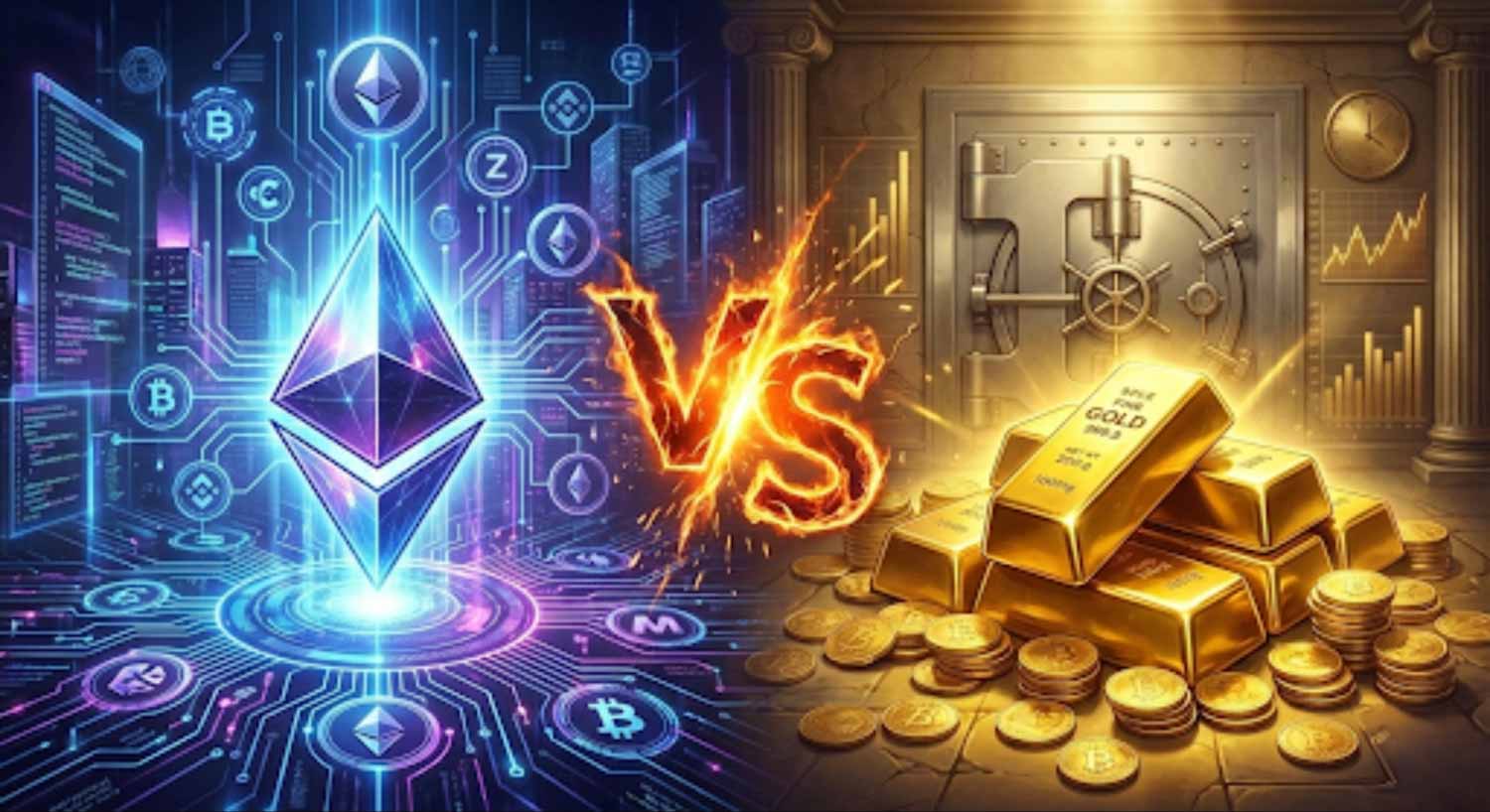 Split-screen concept showing gold bars on one side and Ethereum’s network nodes on the other, symbolizing two different definitions of safety in 2026 markets
