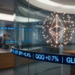 Ethereum symbol made of glowing validator nodes beside a financial ticker tape suggesting ETF flows and changing staking yields