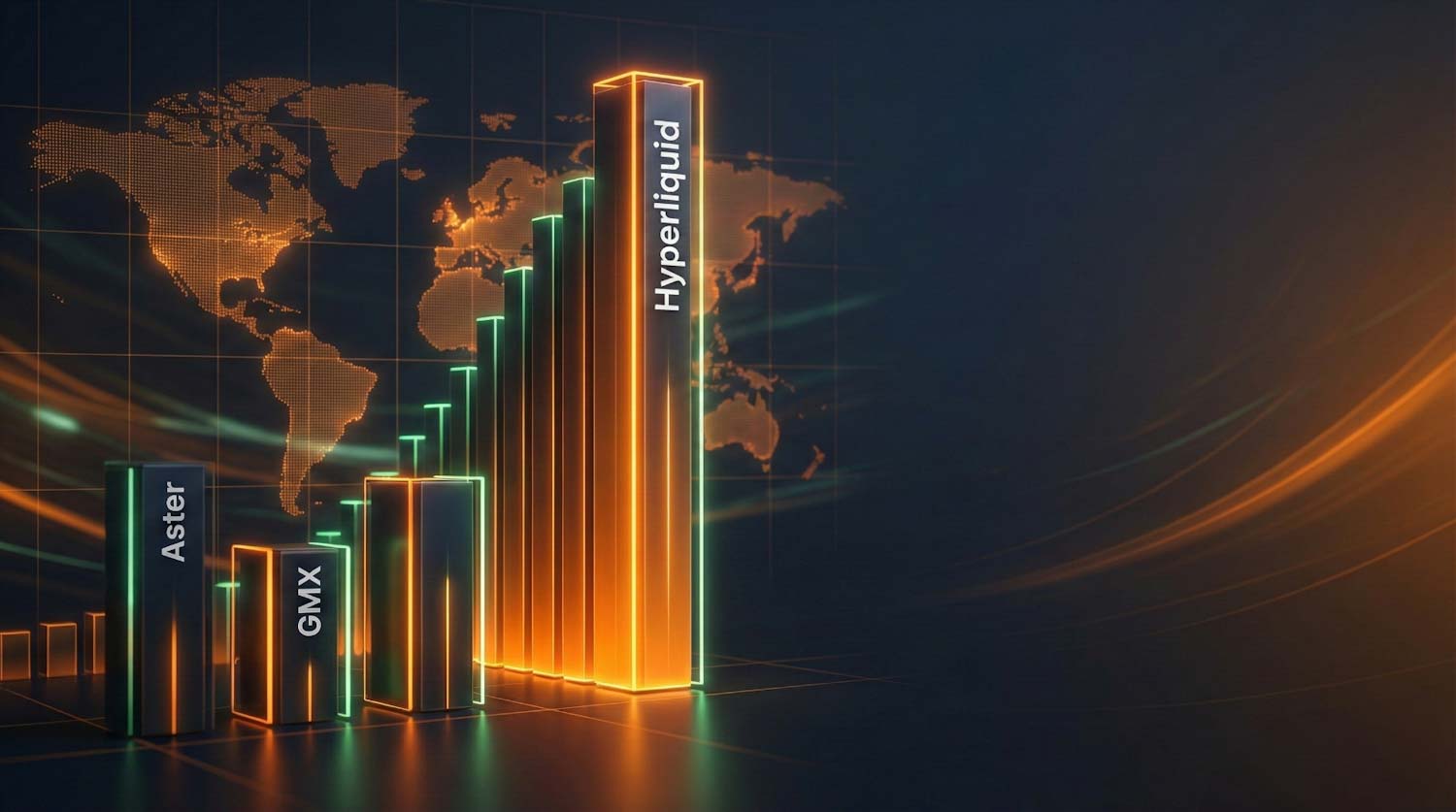 Hyperliquid leads the perp DEX volume race versus Aster and GMX in a dark, global crypto newsroom style graphic.