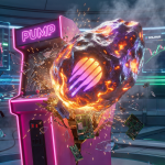 Meteora protocol logo crushing a pump.fun arcade machine to symbolize revenue dominance on Solana.