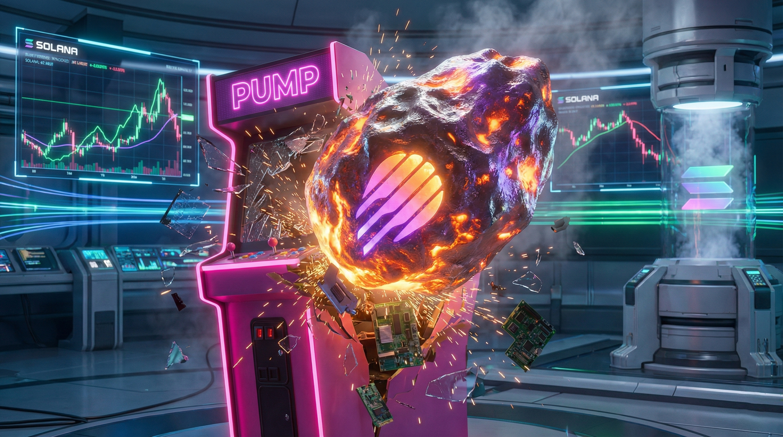 Meteora protocol logo crushing a pump.fun arcade machine to symbolize revenue dominance on Solana.