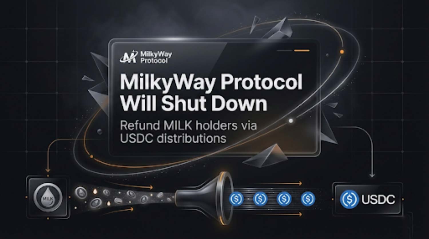 A phone on a trading desk shows a MilkyWay Protocol shutdown notice and a USDC distribution message for MILK holders, with a small glass of milk and a note labeled snapshot.