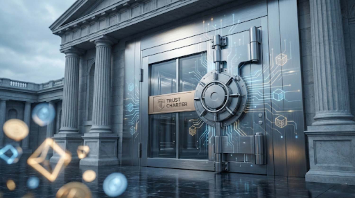 Abstract image of a U.S. regulator building a secure vault for stablecoins and crypto custody, with subtle banking architecture and blockchain motifs.