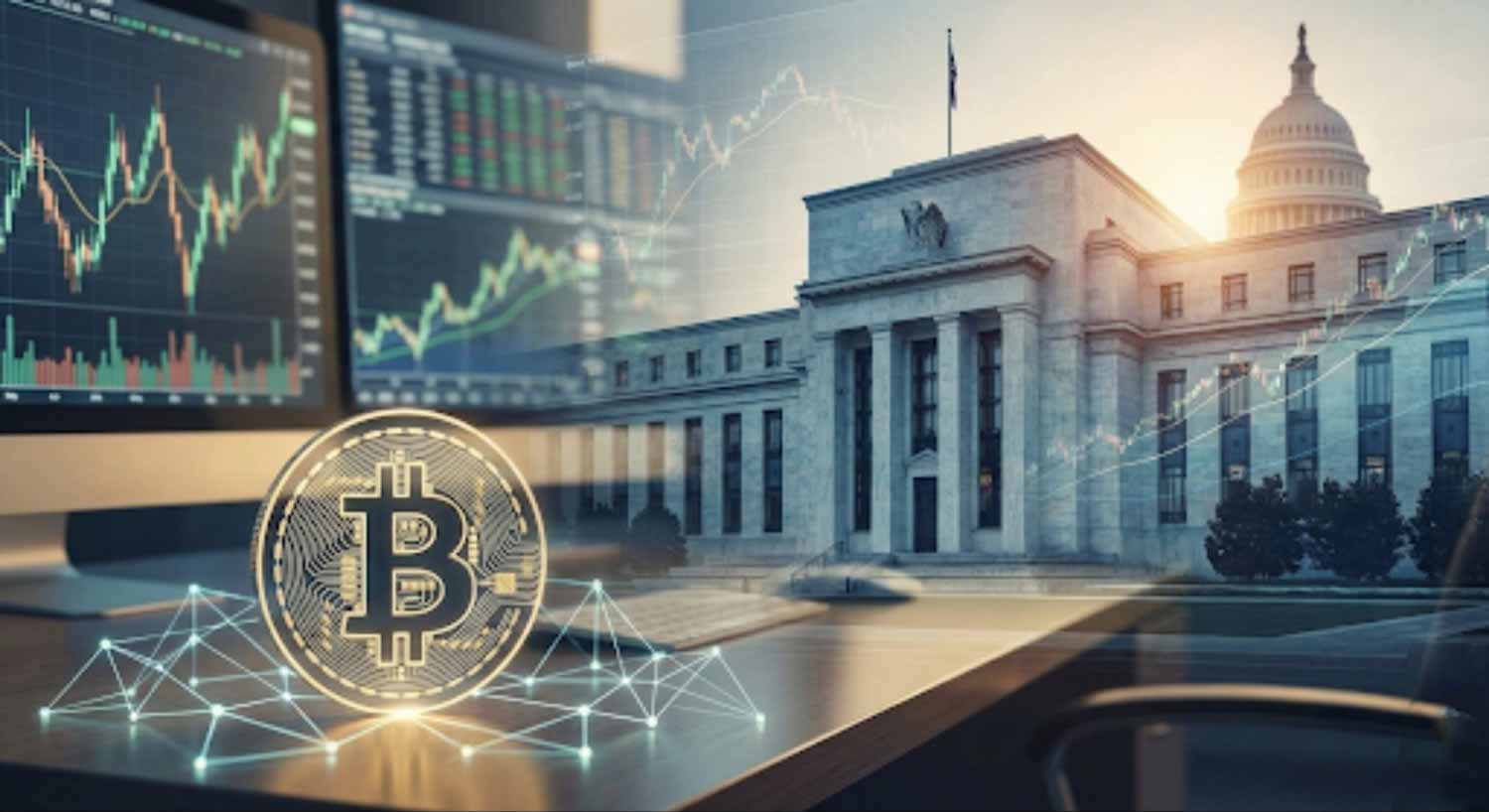 A photorealistic illustration of the Federal Reserve building with a blurred White House meeting scene in the foreground, representing Trump interviewing BlackRock CIO Rick Rieder for Fed chair.