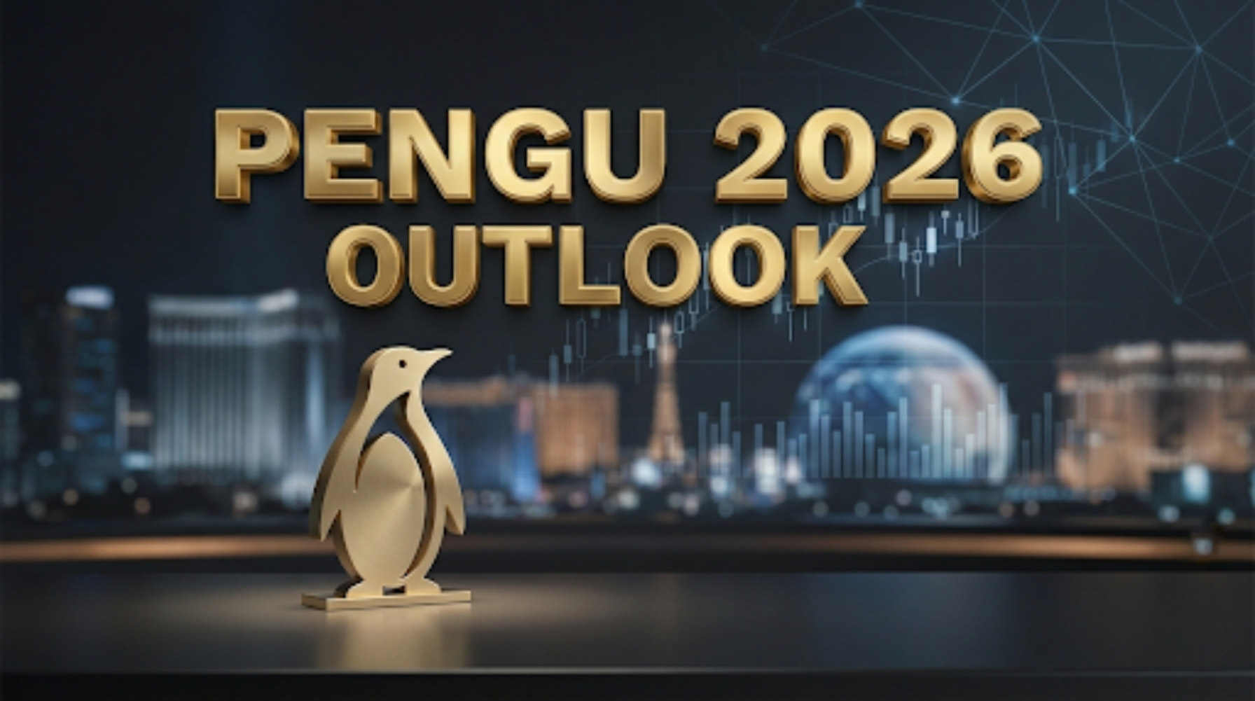 Editorial illustration of Pudgy Penguins (PENGU) with a Las Vegas skyline backdrop and subtle price chart textures