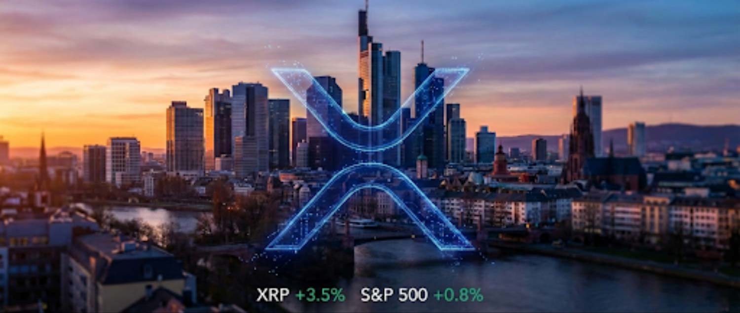 Digital Ripple XRP logo glowing over a European financial city skyline representing market expansion.