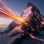 A futuristic digital illustration showing a mountain peak illuminated by neon orange and purple data streams, symbolizing Solana's Alpenglow upgrade and high-speed data propagation.