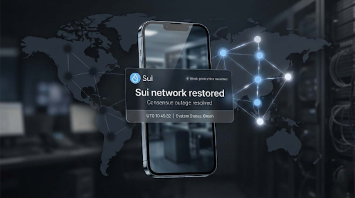 Sui network restored message on a status screen after a major outage halted transactions for nearly six hours.