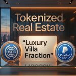 Real estate tokenization 2026 concept showing luxury property fractions purchased with stablecoins like USDC and PYUSD
