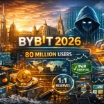 Bybit 2026 crypto exchange with MiCA license, AI trading, proof of reserves and 80 million users futuristic illustration