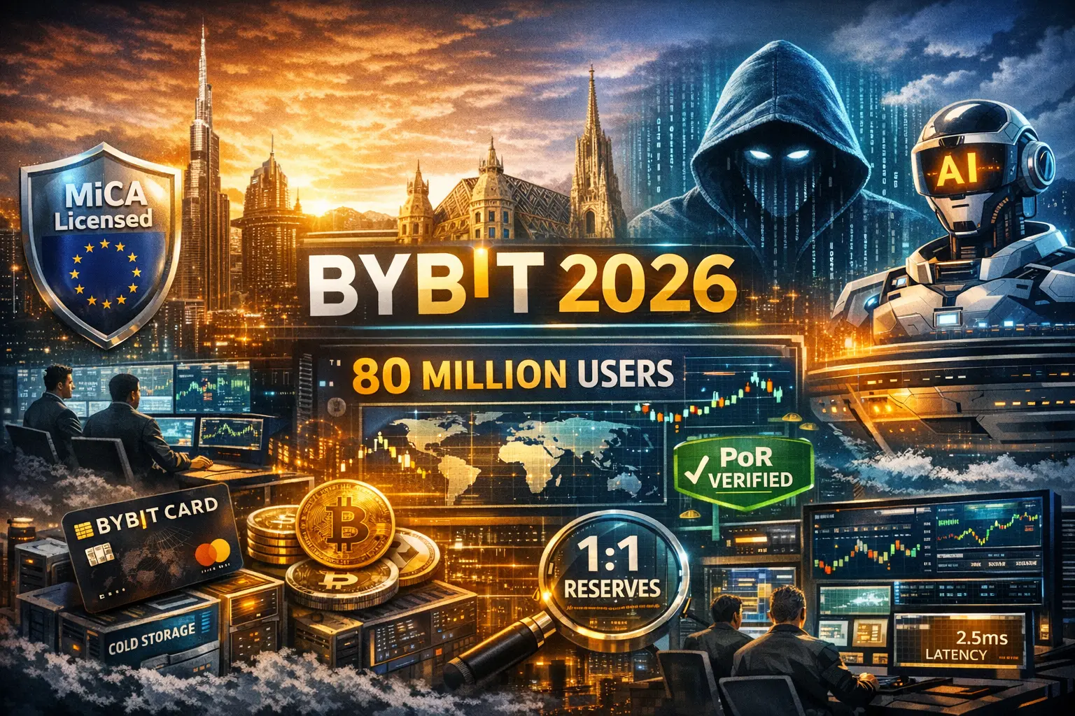 Bybit 2026 crypto exchange with MiCA license, AI trading, proof of reserves and 80 million users futuristic illustration