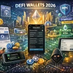 Futuristic illustration of DeFi wallets in 2026 showing MetaMask, Rabby Wallet, OneKey Pro, Tangem cards, Ethereum staking, MPC security, and ERC-4337 smart accounts in a multi-chain cityscape.