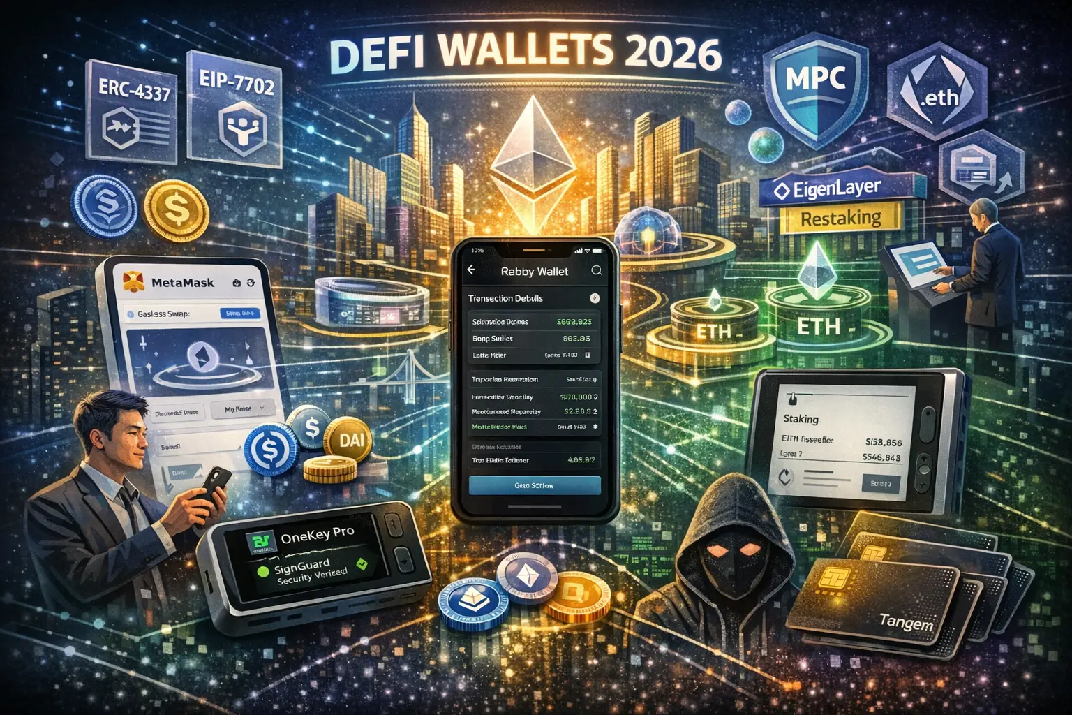 Best DeFi Wallet for Ethereum in 2026 Futuristic illustration of DeFi wallets in 2026 showing MetaMask, Rabby Wallet, OneKey Pro, Tangem cards, Ethereum staking, MPC security, and ERC-4337 smart accounts in a multi-chain cityscape.