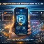 Futuristic illustration of an iPhone displaying a secure crypto wallet interface with Bitcoin balance and biometric protection, showcasing the best crypto wallets for iPhone users in 2026.
