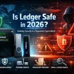 Ledger Stax and Nano X sitting on a digital security grid, representing hardware wallet safety in 2026.