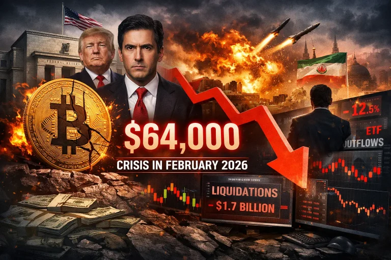 Bitcoin price chart showing a sharp downward trend with digital currency symbols and financial data overlays