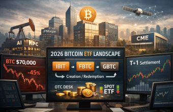 2026 Bitcoin ETF landscape displayed on trading monitors, showing BTC at $70,000 with a 45% decline, institutional ETF tickers IBIT, FBTC, and GBTC, creation/redemption mechanism diagram, OTC desk liquidity, T+1 settlement chart, CME building, and AI data center backdrop representing institutional crypto market structure.