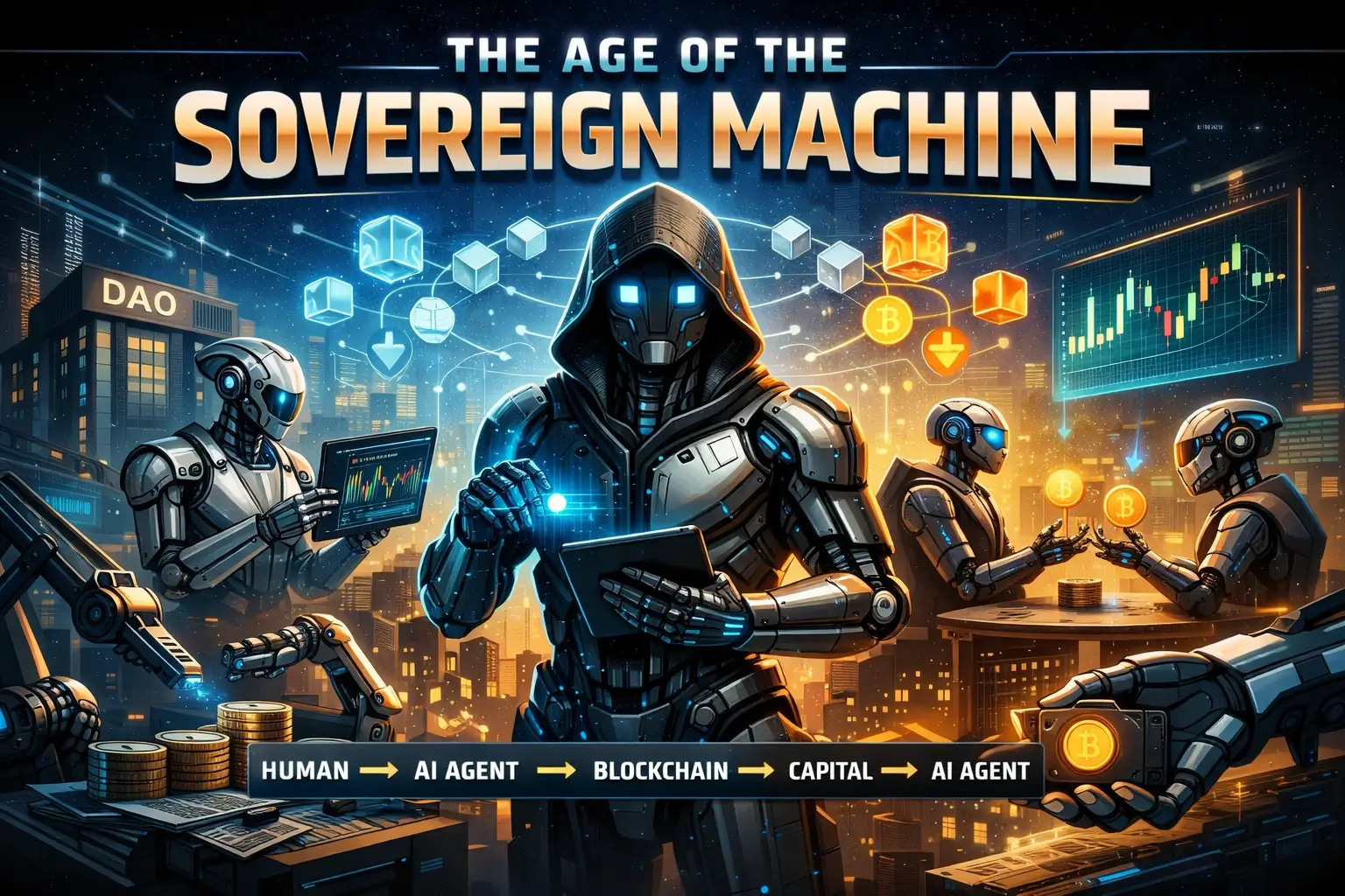 Robotic AI agents operating as autonomous economic actors, trading crypto and interacting with blockchain networks in a futuristic city representing the agentic economy.