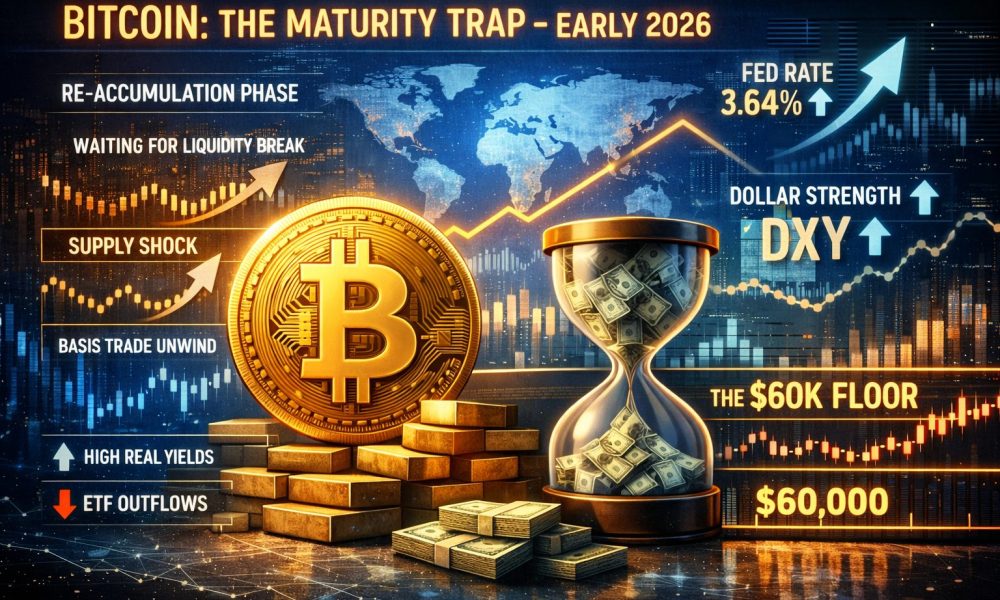 Bitcoin macro re-accumulation phase in early 2026 showing $60,000 support level, Fed rate at 3.64%, DXY strength, ETF outflows, and institutional basis trade unwind amid global liquidity shift