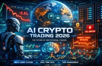 Futuristic AI crypto trading dashboard in 2026 showing a 6.4% Bitcoin volatility spike at 02:11 UTC, autonomous trading robot, global digital network globe, multi-agent systems, real-time market charts, liquidity shock alert, and institutional risk management interface in a 16:9 format.