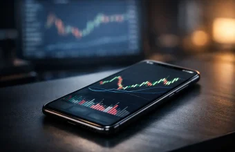 Modern smartphone displaying a crypto trading app interface with candlestick charts on a dark desk, blurred background monitor showing trading charts, professional financial atmosphere.