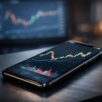 Modern smartphone displaying a crypto trading app interface with candlestick charts on a dark desk, blurred background monitor showing trading charts, professional financial atmosphere.